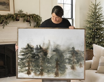 Pine Tree Wall Art | Winter Landscape Painting | Christmas Artwork | Large Framed Canvas Wall Decor | Snowy Forest Wall Art | N200