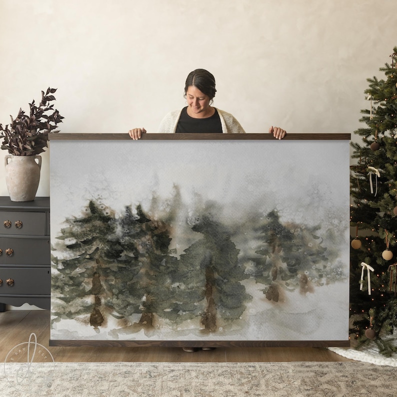 Christmas tree wall art snowy forest, large holiday canvas wall hanging for winter living room decor.