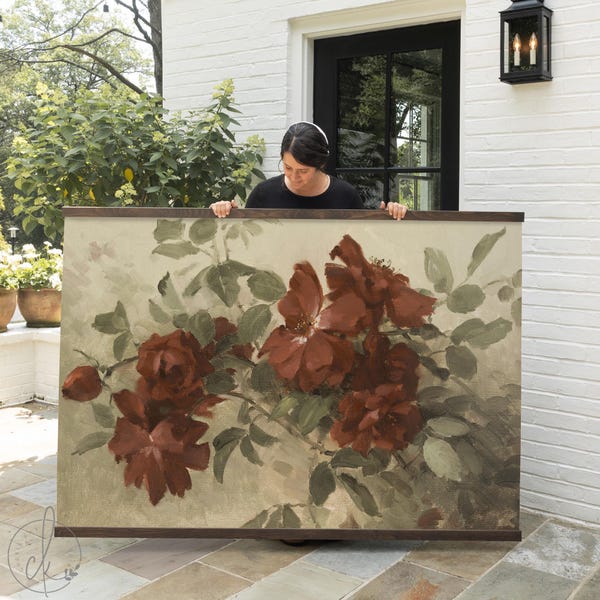 Arte mural floral oscuro / Tapiz de lienzo grande / Pintura floral burdeos melancólica / T126