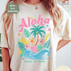 vintage Aloha T-shirt, Summer Comfort Colors® shirts, State of Mind, Varsity Hawaii Shirt, Hibiscus Flower tee, Aloha Vacation apparel gift
