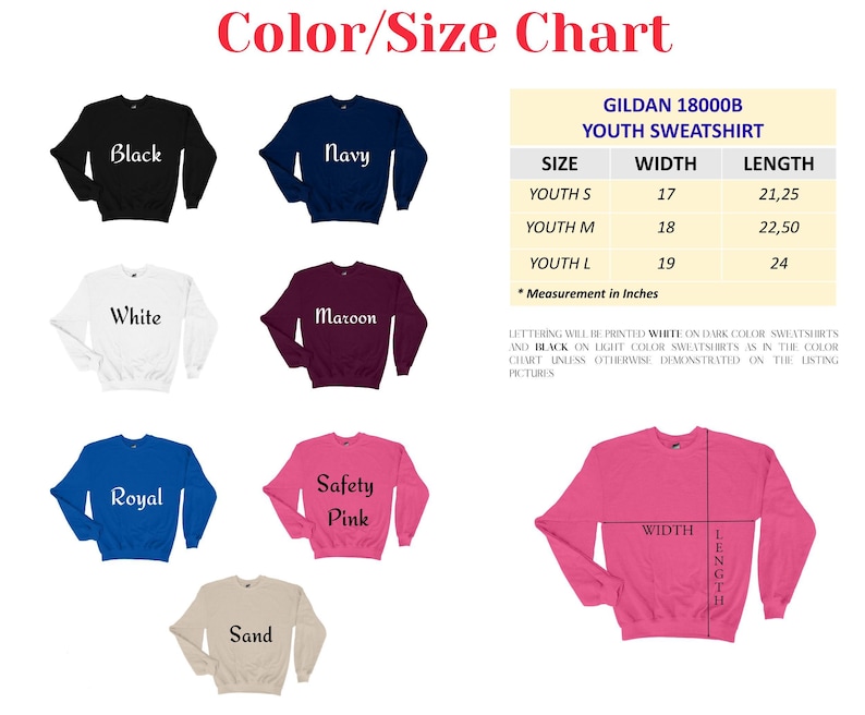 The image is a color/size chart for a youth sweatshirt, displaying various color options and corresponding measurements.