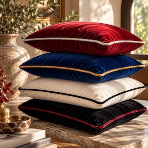 May include: A stack of four square velvet throw pillows. The top pillow is deep red with white piping, the second is navy blue with gold piping, the third is cream with black piping, and the bottom pillow is black with red piping.