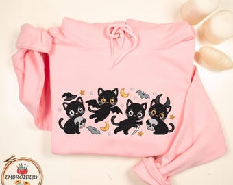 Halloween Black Cat Embroidered Hoodie, Spooky Cats with Moons and Stars Sweatshirt, Cute Autumn Pullover for Cat Lovers, Sweet Kitty Gift