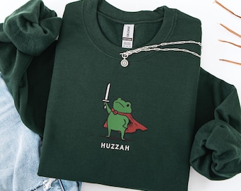 Embroidered Huzzah Frog Sweatshirt, Gildan 18000, Funny DnD Pullover, Renaissance Faire Frog Crewneck, Medieval Fantasy Gamer Gift