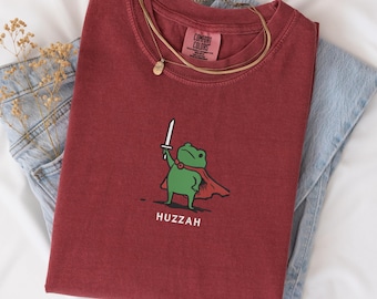 Embroidered Huzzah Frog with Sword Tee, Medieval Frog Shirt, Comfort Colors 1717, Funny DnD T-Shirt, Renaissance Faire Frog Gift