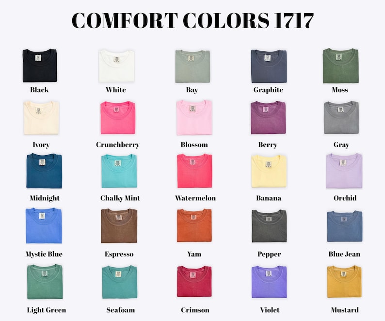 a collection of 17 different colored t-shirts, each with a unique color and design, arranged in a grid format.