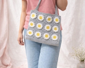 Crochet Daisy Tote Bag Pattern | Easy Flower Market Bag (PDF)