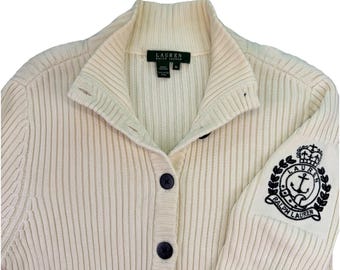 VTG Lauren Ralph Lauren Women's Size XL Ivory Ribbed Cardigan Crest 100% Cotton