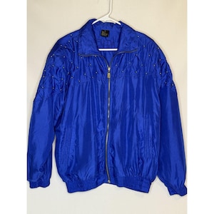 FUDA International Vintage 100% Silk Royal Blue Gold Studs Bomber Jacket Large
