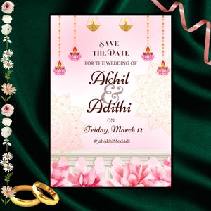 Modelo de convite de casamento rosa blush | Convite de casamento para impressão | Modelo editável | Convite | Cartão Save The Date
