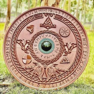 Viking Shield with Norse Runes | Handcrafted Wooden Shield | Viking Warrior Round Shield | Norse Mythology Decor | Gift For Husband