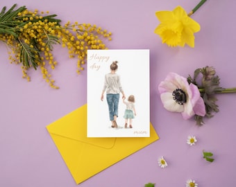 Tarjeta con ilustración de madre e hija, mensaje personalizable (descarga digital)