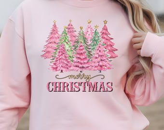Pink Christmas Tree Sweatshirt, Merry Christmas Crewneck, Retro Holiday Pullover, Cute Xmas Sweater Gift for Women