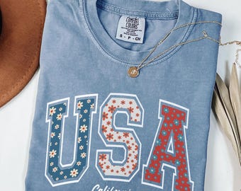 USA Floral With State Graphic Tee, Retro 4th of July T-Shirt,Summer Shirt, Vintage Style USA Tee, Comfort Colors Shirt, Fourth of July Shirt