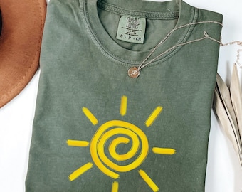 Retro Spiral Sun Comfort Colors T-Shirt, Garment Dyed Boho Sunshine Tee, Positive Vibes Summer Graphic Shirt, Unisex Soft Cotton Top