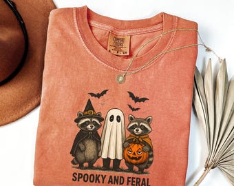 Comfort Colors® Spooky and Feral Raccoon Halloween Tee, Spooky Season Shirt, Raccoon Witch Tee, Cute Creepy for Fall