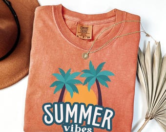 Summer Vibes Comfort Colors Tee, Retro Palm Trees Sunset T-Shirt, Garment Dyed Unisex Vacation Shirt, Beach Shirt,Trendy T Shirt