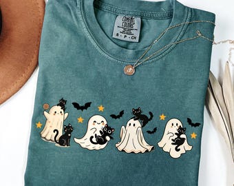 Comfort Colors Halloween Black Cat & Ghost  Shirt, Halloween Ghost Tshirt, Spooky Season Cat Tee, Halloween Cute Outfit, Halloween Gift