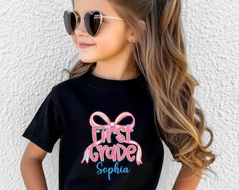 Back to School Shirt for Kids, Custom Kid Name Back to School Shirt, Preppy Kindergarten Shirt for Girls, Coquette Girly Bow School Shirt