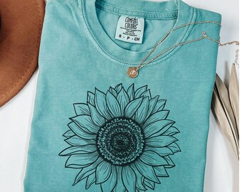 Sunflower Shirt for Women, Hand Drawn Sunflower Tee, Summer Garden Shirt, Comfort Colors® Vintage T-Shirt, Sunshine Floral Tees,Floral Shirt