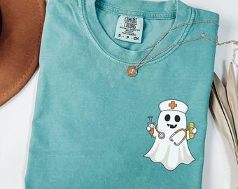 Comfort Colors Cute Ghost Nurse Halloween Shirt, Spooky Medical Graphic Tee, Funny Nurse Halloween T-Shirt