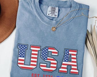 USA Patriotic T-Shirt EST. 1776, American Flag Shirt, 4th of July Outfit, Independence Day Gift, USA Graphic Shirt,Comfort Colors T-Shirt