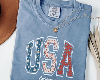 USA Floral With State Graphic Tee, Retro 4th of July T-Shirt,Summer Shirt, Vintage Style USA Tee, Comfort Colors Shirt, Fourth of July Shirt