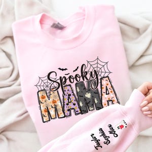 Custom Halloween Spooky Mama Sweatshirt with Kids Name on Sleeve Sweatshirt, Cool Mama Halloween Sweatshirt, Mama Halloween Gift,Custom Mama