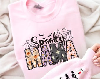 Custom Halloween Spooky Mama Sweatshirt with Kids Name on Sleeve Sweatshirt, Cool Mama Halloween Sweatshirt, Mama Halloween Gift,Custom Mama