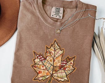 Comfort Colors Retro Patchwork Fall Leaf T Shirt, Thanksgiving Shirt, Fall Pumpkin Shirt, Spooky Season, Cozy Cute  Outfit, Cozy Fall Gift