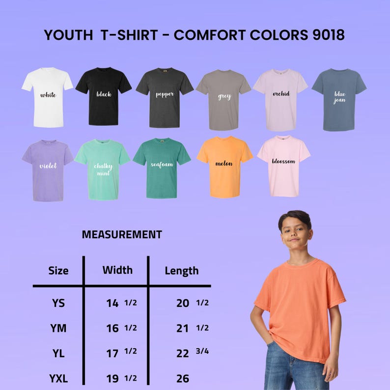 May include: A display of youth t-shirts in various colors, including white, black, and blue jean. The image includes a size chart with measurements in inches and a young person wearing a melon-colored t-shirt. Text on the image reads "YOUTH T-SHIRT - COMFORT COLORS 9018."