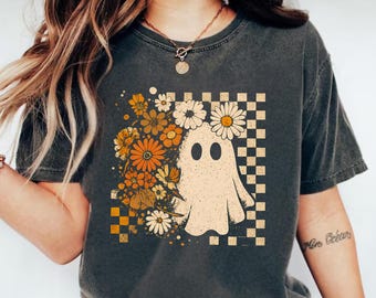 Comfort Colors® Checkered Ghost Shirt, Halloween Floral Ghost Shirt, Cottagecore Ghost Tee, Vintage Boho Fall Aesthetic Shirt