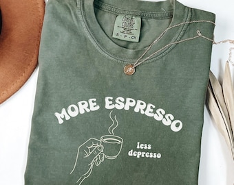 More Espresso Less Depresso T-Shirt, Retro Coffee Lover Comfort Colors Tee, Oversized Funny Barista Gift, Minimal Line Art Graphic  Shirt