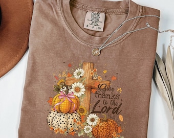 Comfort Colors Give Thanks to the Lord Shirt, Christian Thanksgiving Tee with Cross and Pumpkins, Fall Daisy Graphic, Leopard Pumpkin