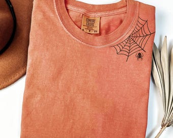 Comfort Colors  Spider T Shirt, Halloween Shirt, Spooky Season, Spider Shirt, Halloween Tee, Extended Sizes, Minimal spiderweb Print Tee
