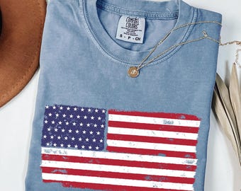 Vintage USA Flag Shirt,Comfort Colors Patriotic T-Shirt, 4th of July Retro Tee, Independence Day ,Vintage July Fourth Shirt,Red White Blue