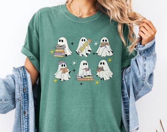 Comfort Colors® Ghost Reading Books Shirt, Bookish Halloween, Teacher Librarian Halloween Gift, Halloween Book Lover, Halloween School