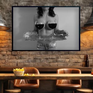 ワイングラスを持つ女性のキャンバス、バーカートのポスター、白黒、アルコールの壁アート、ダイニングルームの装飾、ビンテージバーポスター、すぐに掛けられます。