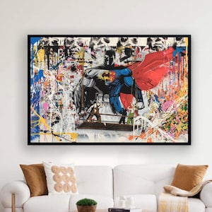 Quadro su tela raffigurante supereroi, decorazione da parete in tela con supereroi dei cartoni animati e tema pop art, dipinto murale con fumetti urbani, graffiti pop art, pronto da appendere.