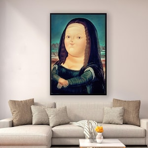 Fernando Botero Wandkunst, Mona Lisa von Fernando Botero Wandkunst, Mona Lisa Lustige Kunst, Fette Mona Lisa gerahmte Leinwand, fertig zum Aufhängen.