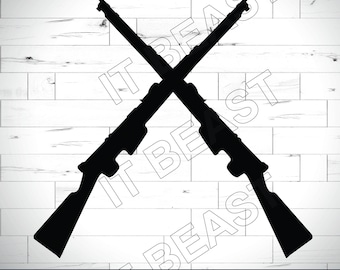 Könnte beinhalten: Schwarze Silhouette von zwei gekreuzten Gewehren vor einem weißen Hintergrund mit Holzplanken. Am unteren Rand des Bildes steht der Text: SVG EPS PNG JPG DXF.