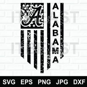 May include: Black and white graphic design featuring the word "Alabama" vertically, with a distressed American flag design. The flag includes the words "Roll Tide" and the letter "A". The bottom of the image includes file type options.