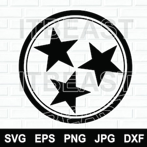 May include: Black and white graphic of three stars inside a circle, with a double border. The image includes file type options: SVG, EPS, PNG, JPG, and DXF. The design is set against a white brick background.
