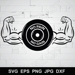 May include: A black and white graphic featuring two flexing arms either side of a weight plate. The weight plate has the words "NO PAIN NO GAIN" in a circular design. The image is set against a white wood-grain background.