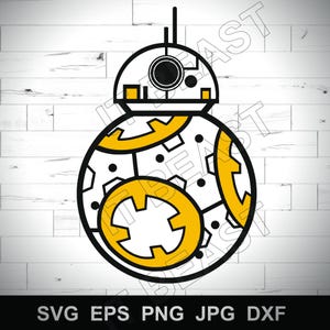 Puede incluir: Ilustración en blanco y negro de un droide BB-8 con detalles amarillos. El droide tiene un cuerpo circular con diseños en forma de engranajes y una cabeza redondeada. Incluye el texto "SVG EPS PNG JPG DXF".