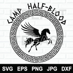 May include: A black silhouette of a winged horse, within a circular Greek key design. The words "HALF-BLOOD" and "LAMP" are above the design. Below the design are the file type abbreviations: SVG, EPS, PNG, JPG, and DXF.