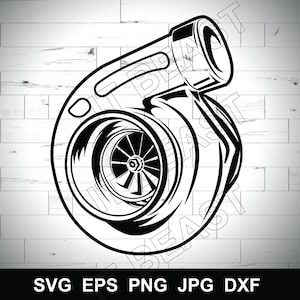 May include: Black and white illustration of a turbocharger, a component used in internal combustion engines to increase power output. The design features a central impeller fan and curved housing. The image includes the text "SVG EPS PNG JPG DXF".