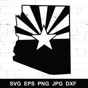 May include: Black and white graphic of the Arizona state outline, featuring the state flag design. The flag design includes a large white star in the center, with black and white stripes radiating from the top. The bottom of the image has the text: SVG EPS PNG JPG DXF.