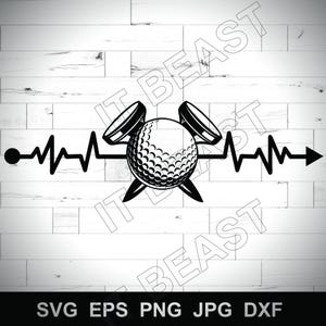 hartslag golfbal met gekruiste tee golfen sport Svg, Dxf, Jpg, Png, Eps Cut-bestand Download digitale silhouet Cricut EKG golfbal tee