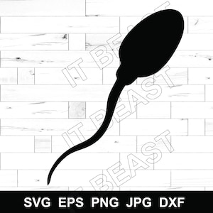 May include: A black sperm cell silhouette against a white wood-grain background. The sperm cell has a rounded head and a long, curved tail. The bottom of the image displays the text: SVG EPS PNG JPG DXF.